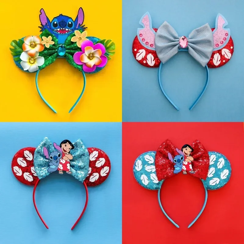 Disney Anime Lilo & Stitch Hair Bands Women Cosplay Angel Ears Headband Girls Leaves Sequins Bow Hair Accessories Kid Party Gift