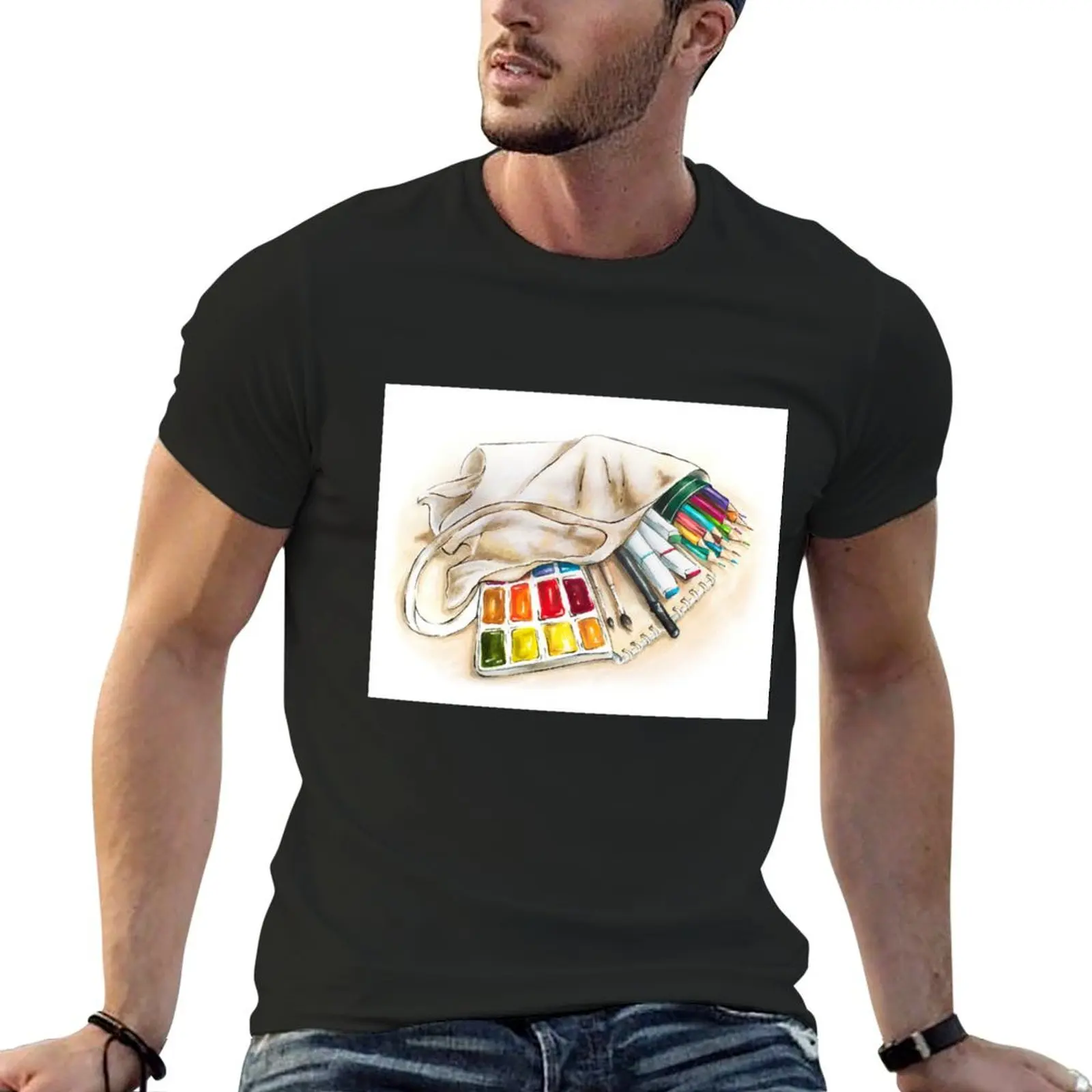 

Art shop purchases, artist materials: paint, pencils, brush in a shopping bag. T-Shirt summer tops mens champion t shirts