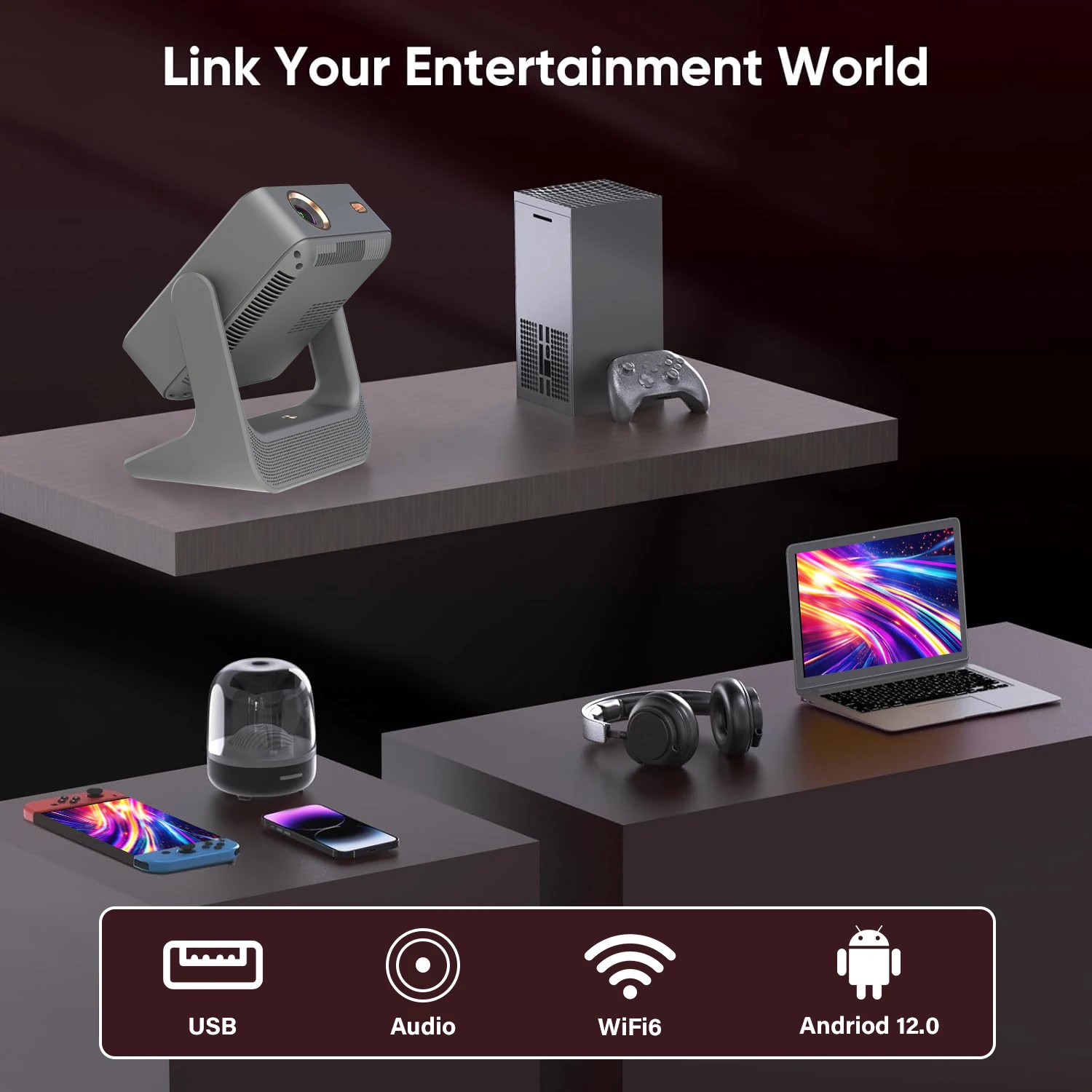 Proyector portátil 4K: pantalla dual, compatible con táctiles, juegos y karaoke, HDMI/USB, BT/WiFi, perfecto para cine en casa y fiestas