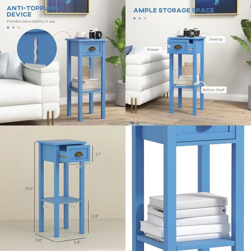 

Голубой двухъярусный приставной столик с ящиком и нижней полкой, тонкий набор столиков для гостиной