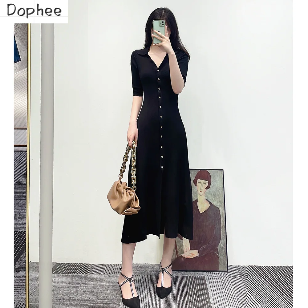 

High Quality Retro Hepburn Style Elegant Black Ultra Long Dress Women Slim Knitting Dresses Single-breasted Turn-down Collar