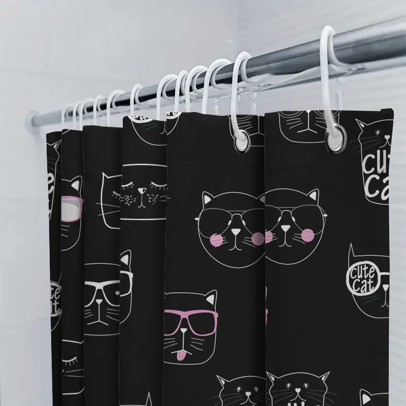 الحديثة القط الأسود طباعة دش الستار ديكور المنزل حمام نسيج مقاوم للماء 72x84 بوصة القطط السوداء النظارات الشمسية نص أبيض لطيف Ca #5