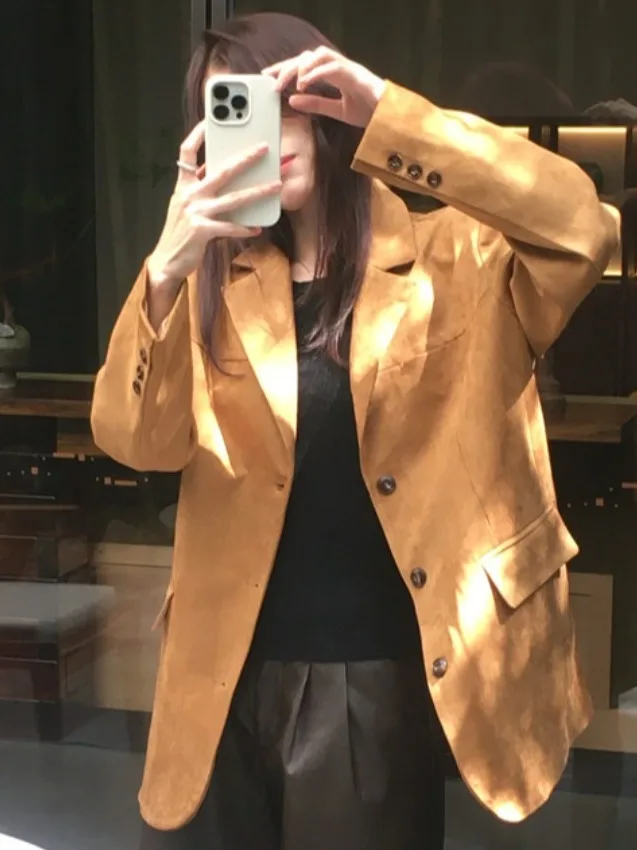 Dames Suede Long Sve Suit Jaet Loose Fit Middellange Lengte Vintage Sle Herfst Faion Bovenkleding Ele Trendy