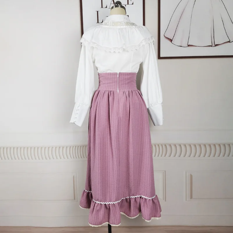 Gothic Girl Pink Skirt with Lotus Leaf Shoulder Shirt Two-Piece Set Lace-up Waist-Controlled European Classical Suit Skirt