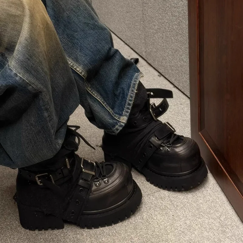 Black Dark Industry Short Boots Punk Short Boots for Men and Women Thick Soled Tall Short Boots Bundled Metal High Top Shoe image 2
