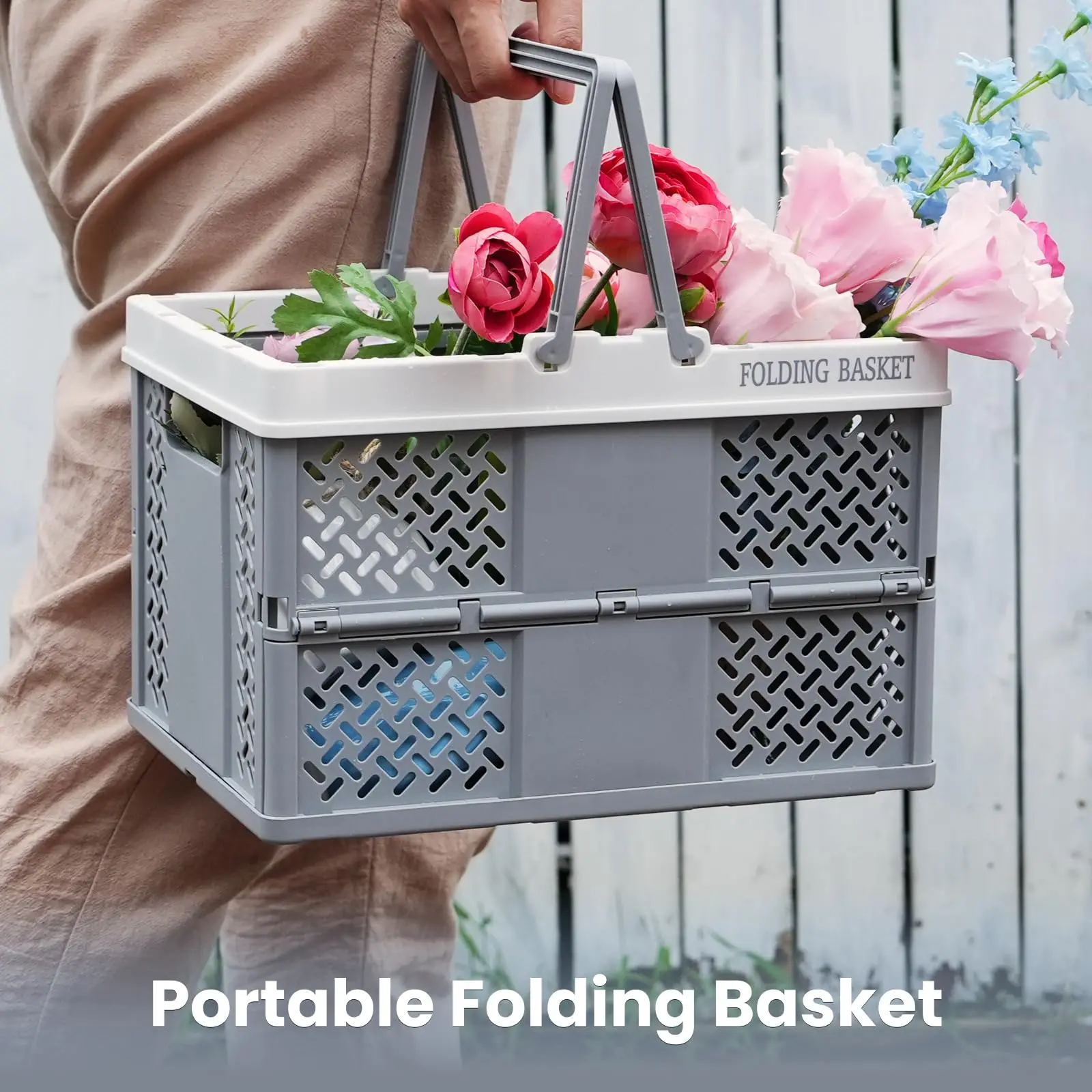 Foldable outdoor carrying basket with lid, portable picnic folding storage basket, miscellaneous basket, storage basket