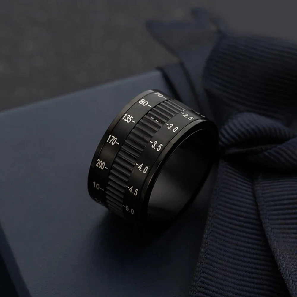 Fashion Stainless Steel Rotatable Camera Lens Ring Personality Trend 12MM Black Rings For Men Women Jewelry