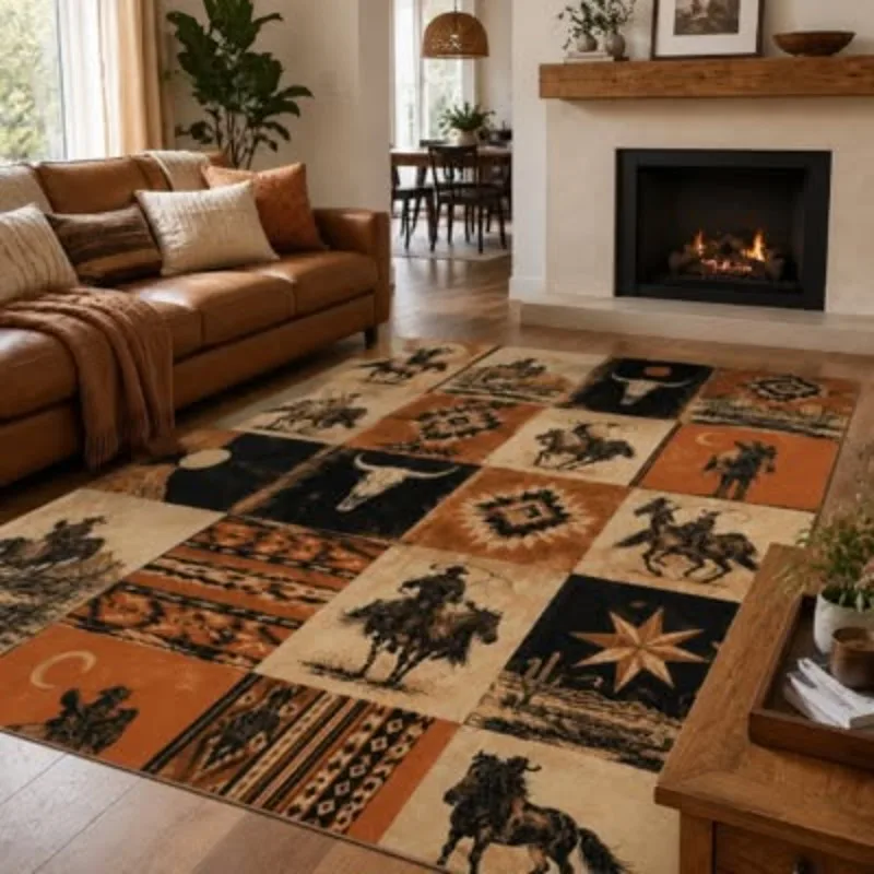 Living Room Rug Western Cowboy Horse Texas Longhorn Bull Skull Printed Large Rectangular Carpet Non Slip for Sofa Decor