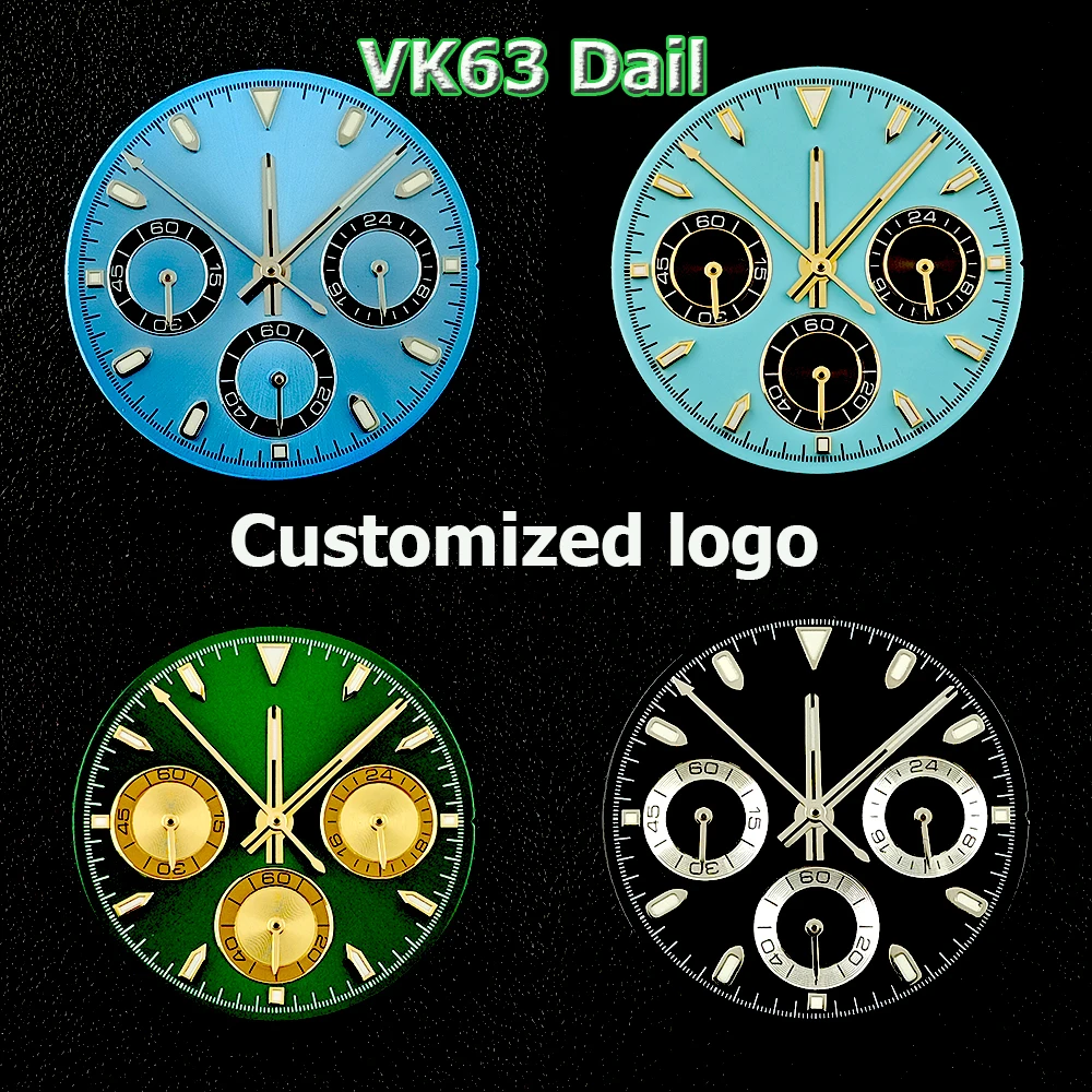 VK63 dial timing dial custom logo 29mm panda dial green glowing suitable for VK63 quartz movement watch accessories