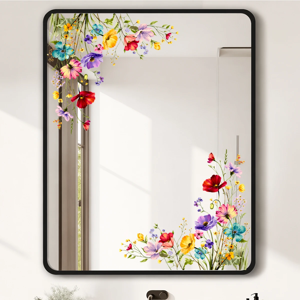 Wasserfarbene Blumen-Spiegel-Wandaufkleber, Bohemian-Eckaufkleber, abnehmbare, wasserdichte Vinyl-Glasspiegel-Dekoration für Badezimmer und Schlafzimmer – Detail 5