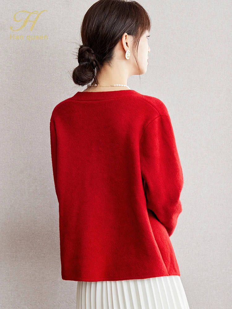 H Han Queen 2024 Winter Loose V-Neck Irregular Thick Knitted Cardigan Sweater Women Simple Basic Long Sleeve Casual Sweater Top