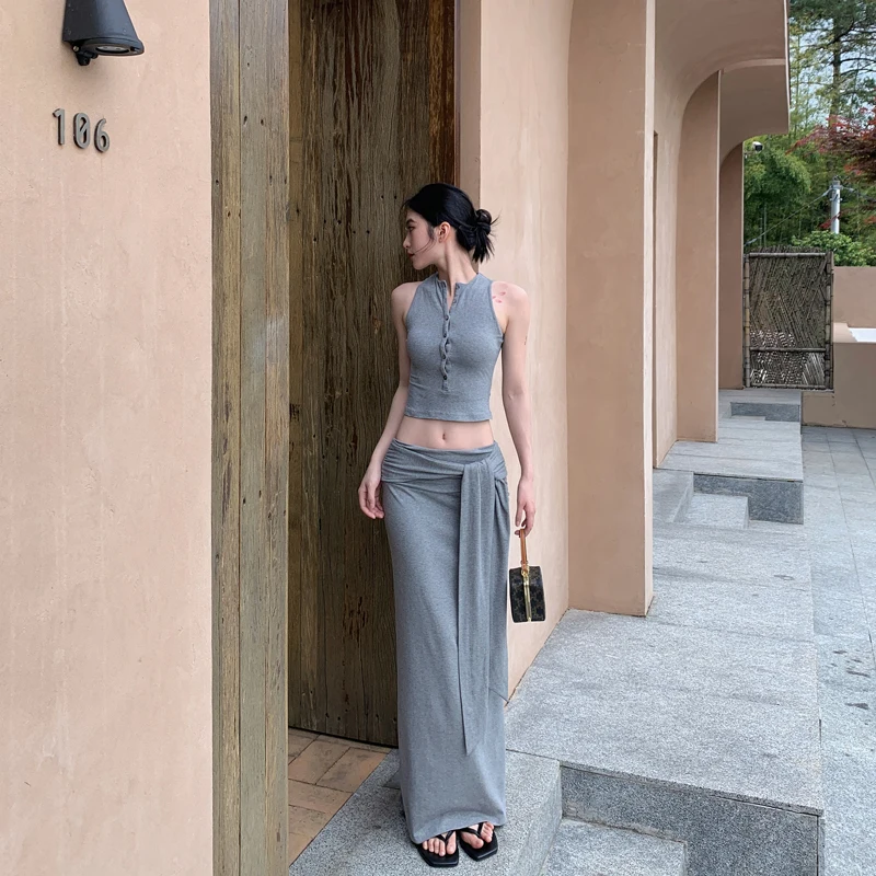 

SMBL RAIN Легкий вязаный топ и юбка с разрезом, модный женский комплект из двух предметов, круглый пуловер Ne Pullover Sle