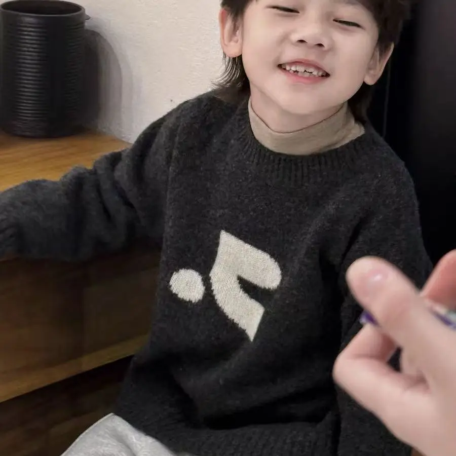 Boys 2026 Autumn Winter Thickened Knit Sweater Korean Style O Neck Letter Print Kids Pullover Base Layer Top