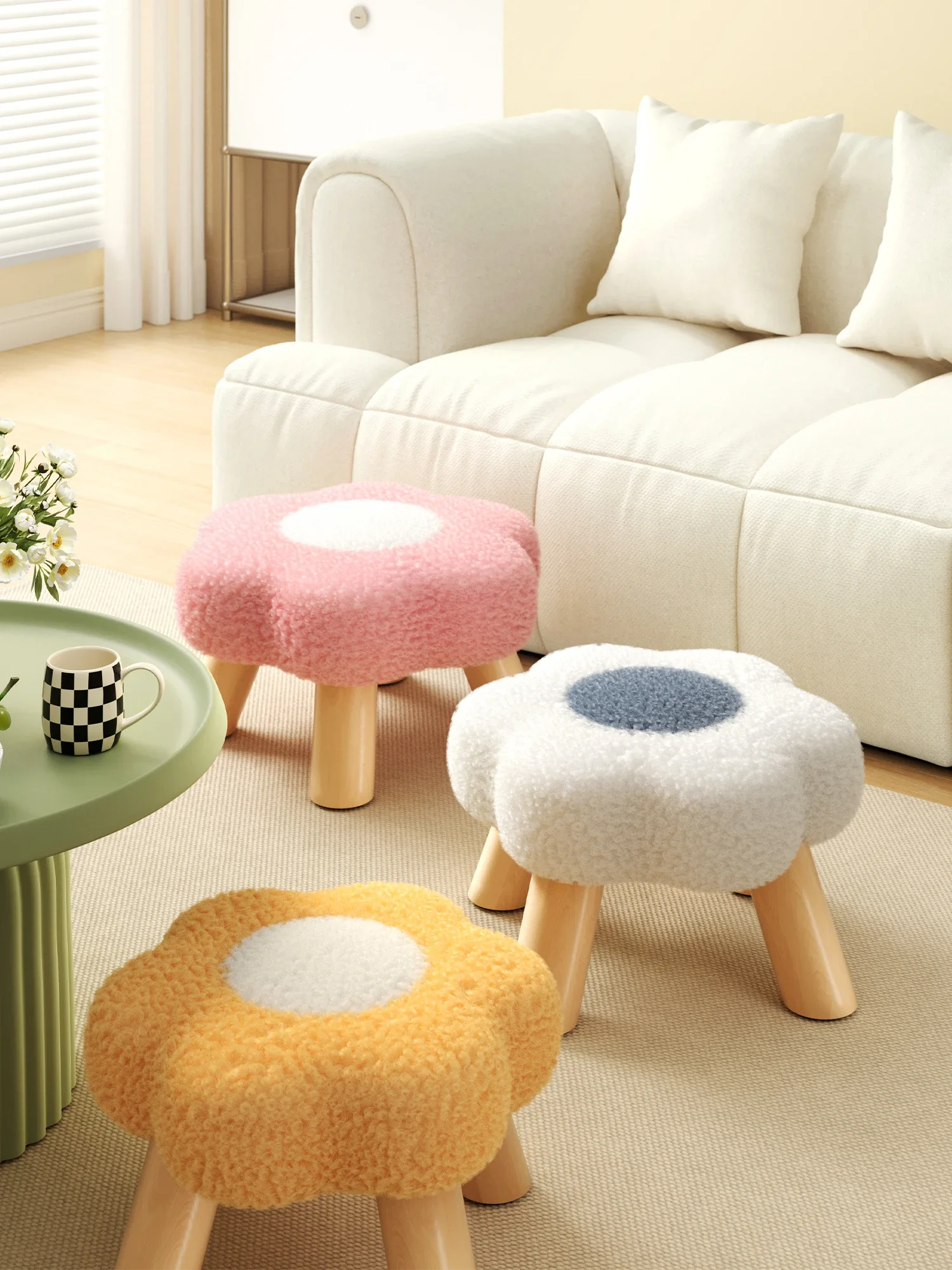 

Cute Flower Small Stool Low Soft Bench Ottoman Sitting Wood Seat Stool Footstool Banqueta Furniture KMBS