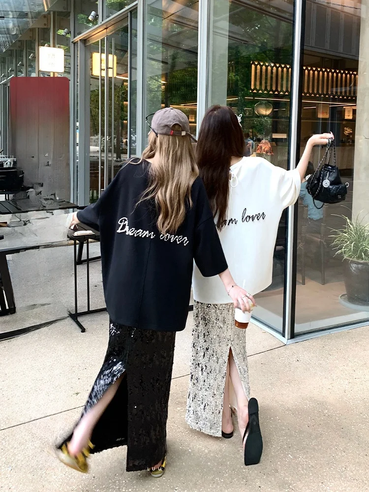 

Luu Heavy Du Вязаная свободная футболка с бисером ort Sve round Ne Женская летняя повседневная дизайнерская футболка с галстуком и лентой