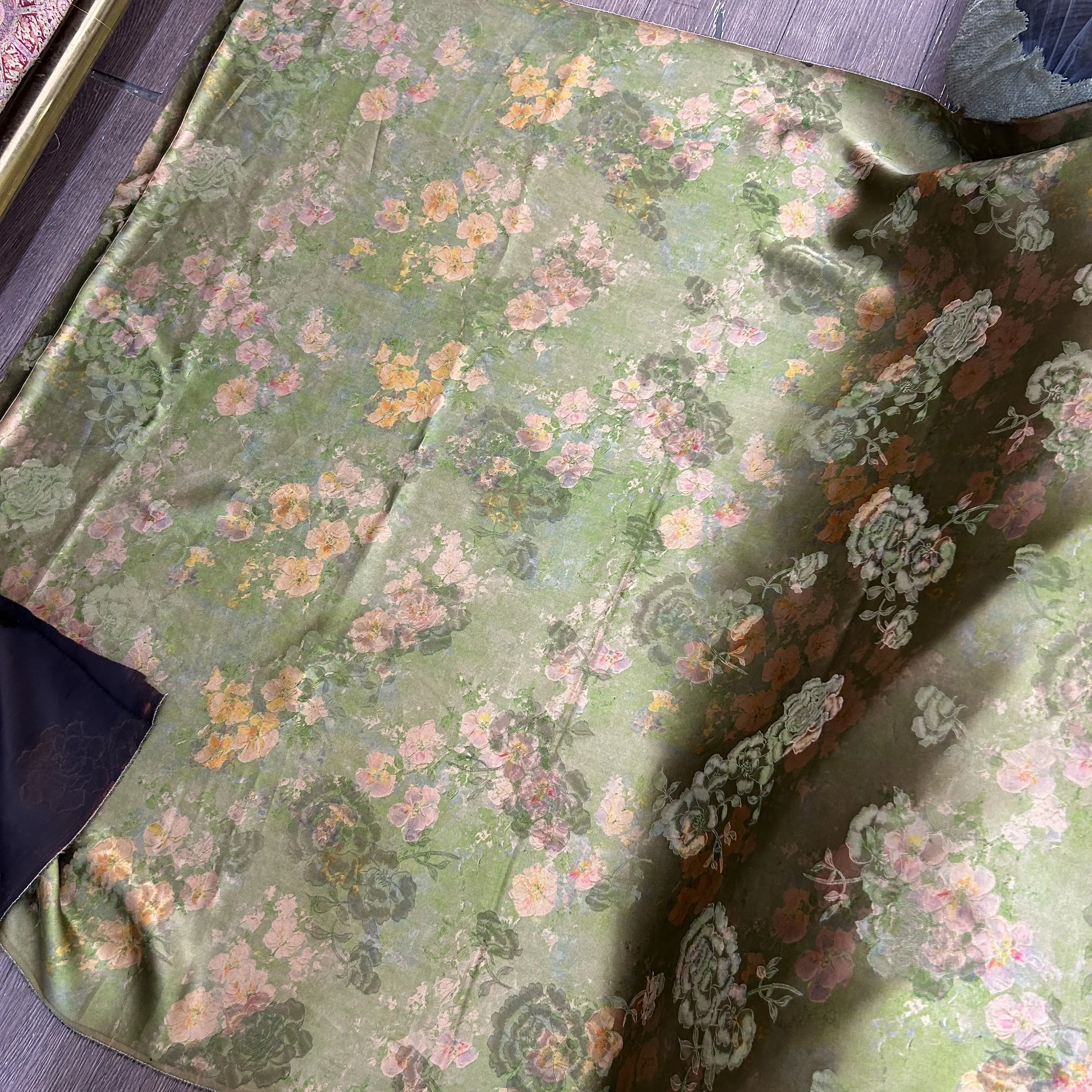 Silk Soteil Fragrant Cloud Yarn Fabric Silk Green Base Pink Peony Cheongsam Vest Coat Dress Cloth