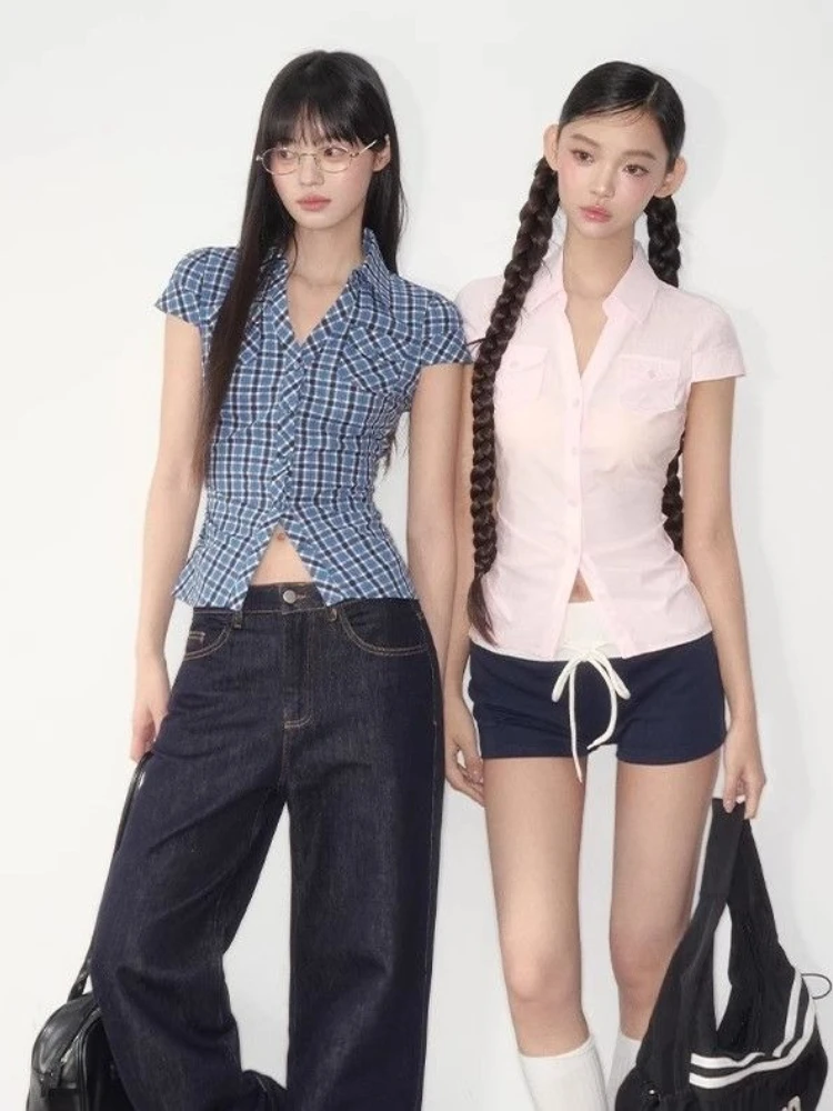 

Korean Style Retro Women's T-shirt Sexy Short Sleeve Tops Summer Polo Blouse Casaual American Style Bodycon Checked T Shirts