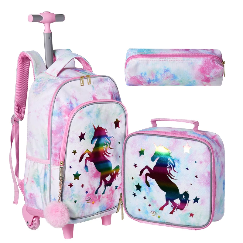 3PCS Rolling Backpack for Girls Kids Wheeled School BookBag With Lunch And Pen Bag Pink Unicorn Glow-in-the-dark Function