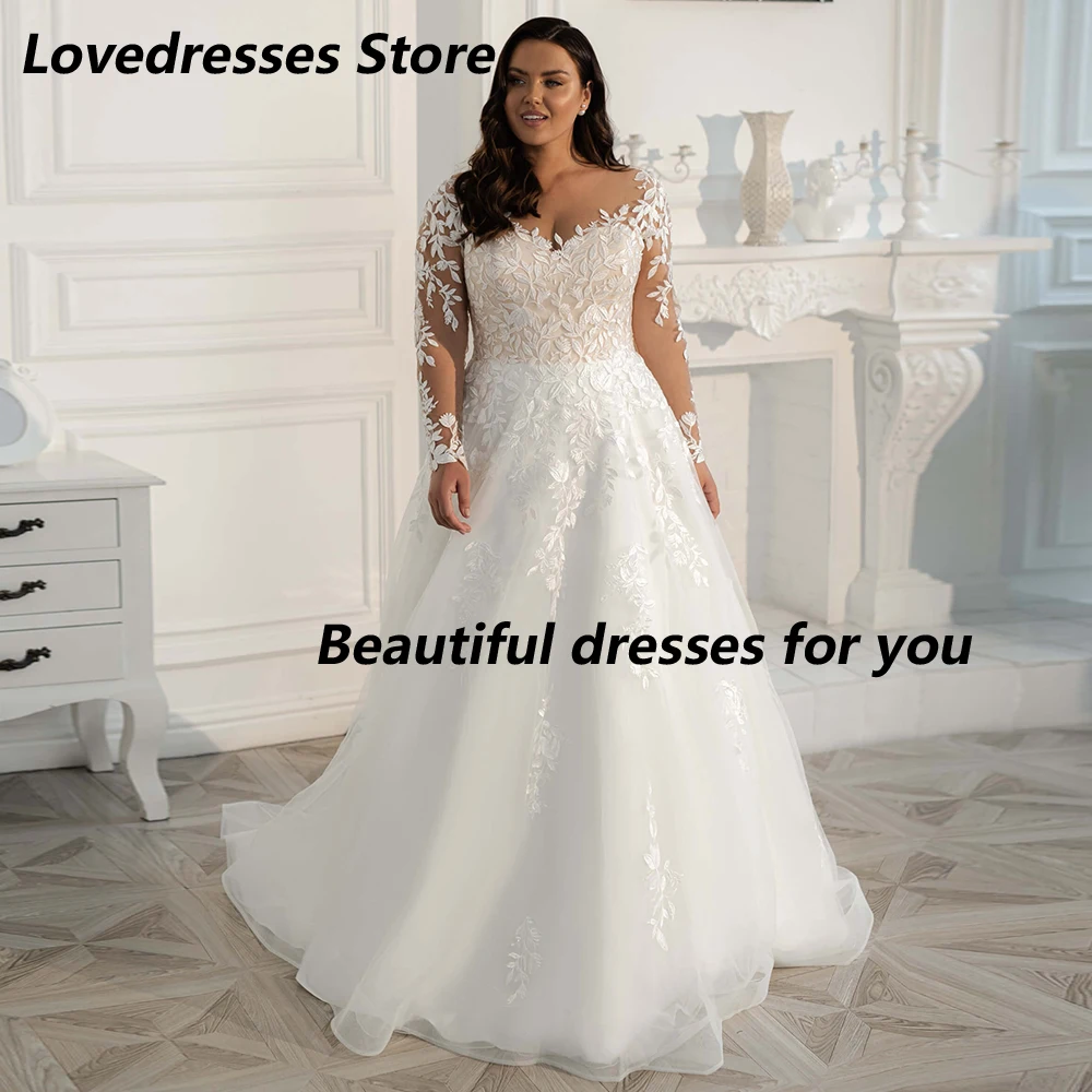 ชุดแต่งงานไซส์ใหญ่ ผ้าลูกไม้ สง่างาม สำหรับผู้หญิงรูปร่างใหญ่ แขนยาว คอวี ทรงเอไลน์ ผ้าทูลล์ ชุดเจ้าสาว  สามารถสั่งตัดได้