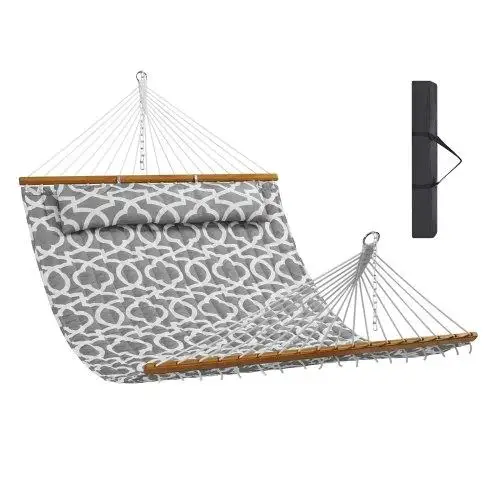 12FT Double Quilted Hammock for 2 - Outdoor for camping with Hardwood Bars, Detachable Pillow & Chains, 480lbs Capacity