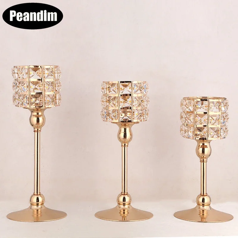 PEANDIM K9 Crystal Candle Lantern Gold Candle Holders Wedding Centerpieces Center Table Candlesticks Parties Home Decor