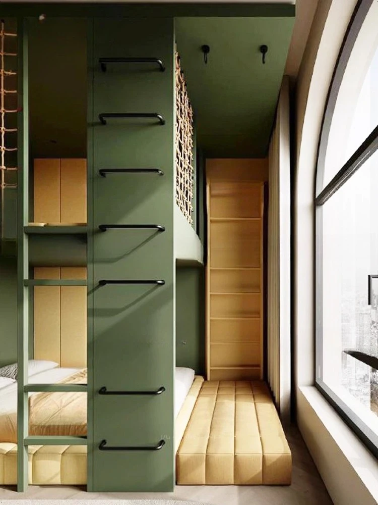 Nowoczesne minimalistyczne łóżko, łóżko w kształcie domku na drzewie, domek do zabawy dla dzieci z możliwością wspinaczki