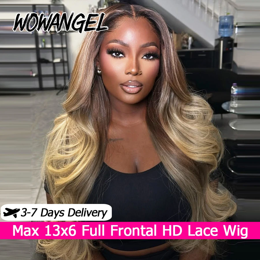 WOWANGEL Коричневый с эффектом омбре (от коричневого к блонд) парик с HD-кружевом 13x6, полностью фронтальный, с эффектом Body Wave, из натуральных волос, предварительно проработанный, для женщин
