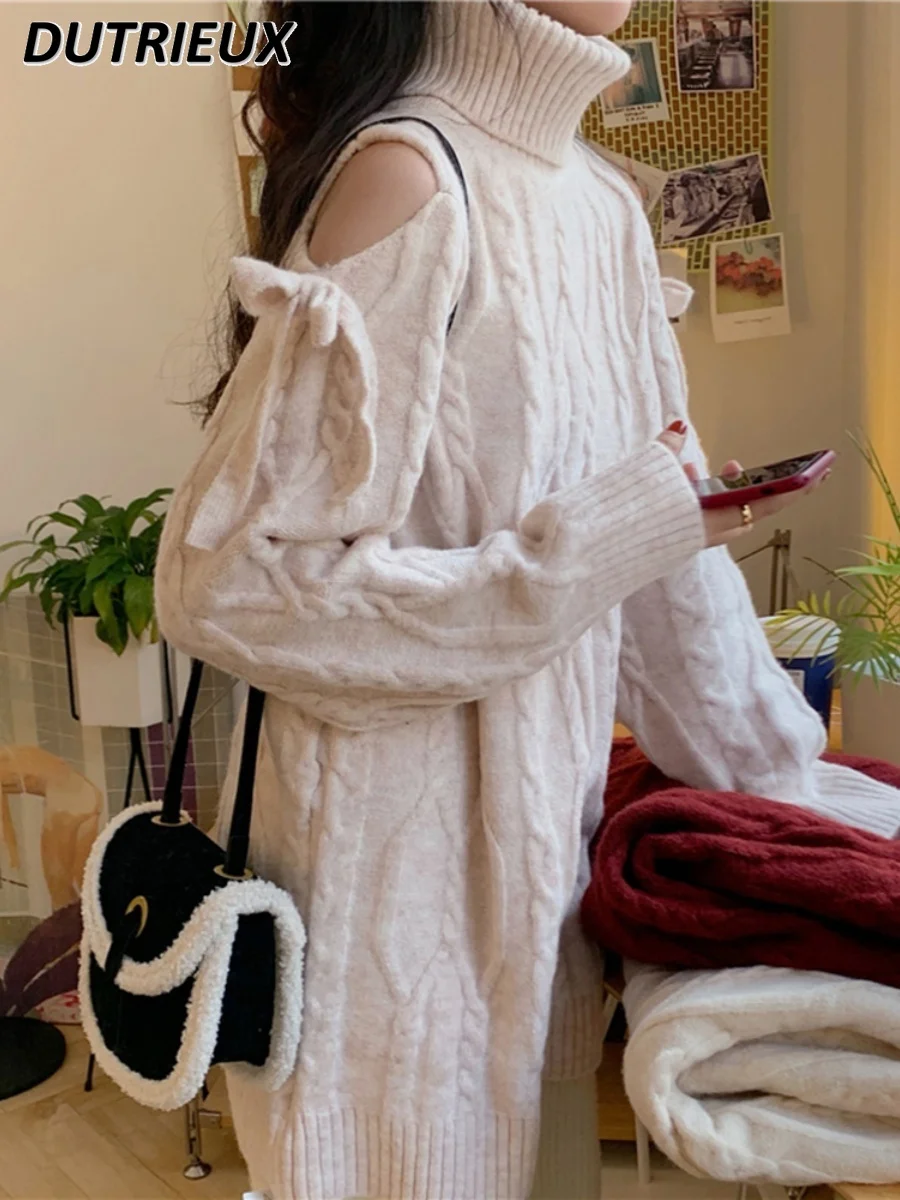 مثير الحلو الخريف الشتاء القوس خارج الكتف سترة فستان المرأة بلون الياقة المدورة طويلة الأكمام تنوعا محبوك فساتين #5