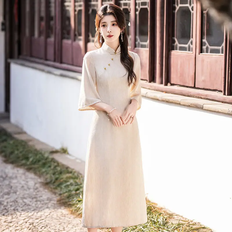 

Sexy Three-Quarter Sleeve Cheongsam Women Elegant A-Line Qipao Loose Chinese Tradition Evening Party Gown