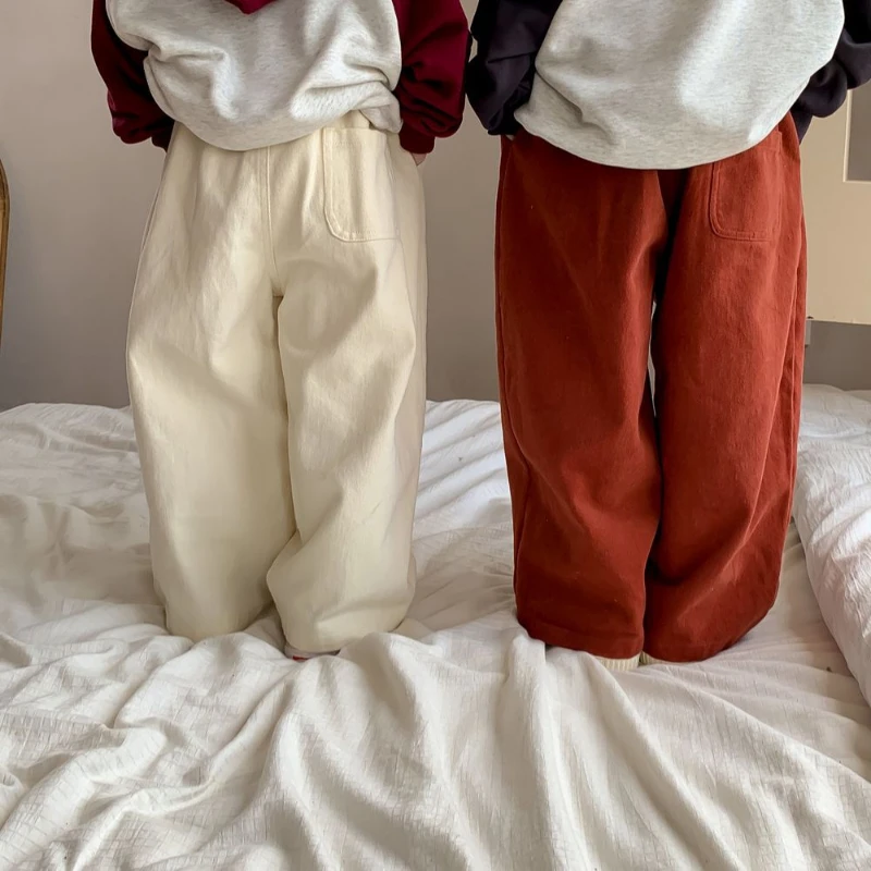 سراويل قطنية مستقيمة فضفاضة للأطفال ، سراويل غير رسمية ، أحادية اللون ، زر واحد ، أولاد وبنات ، كوري ، ربيع ، خريف ، جديد