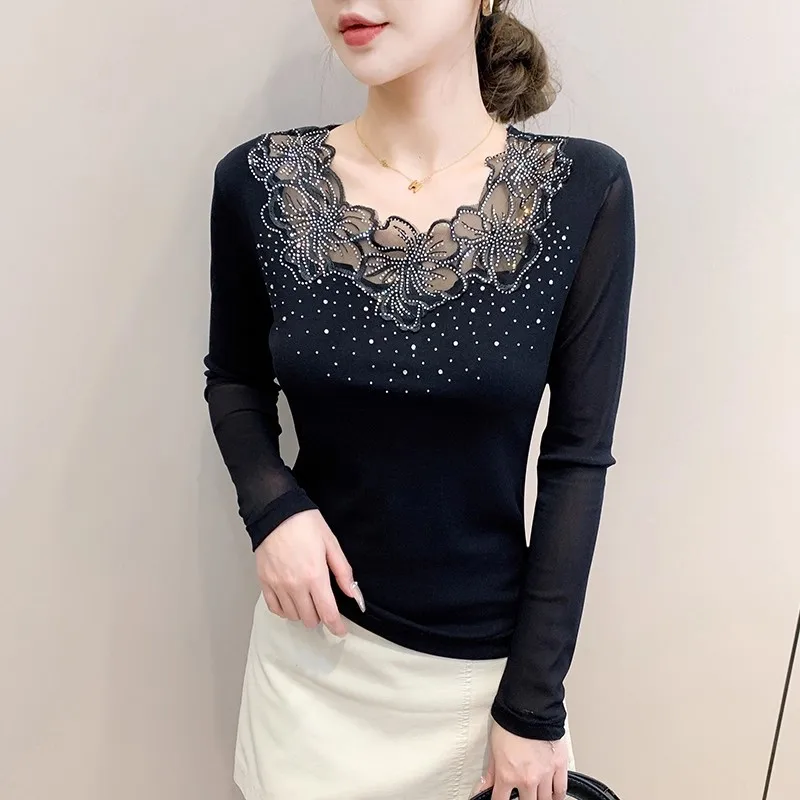

Sexy Lace Embroidery Patchwork Mesh T-shirt For Women's Autumn New Luxury Hot Diamond Tees Long Sleeve Elegant Tops Shirt Blouse