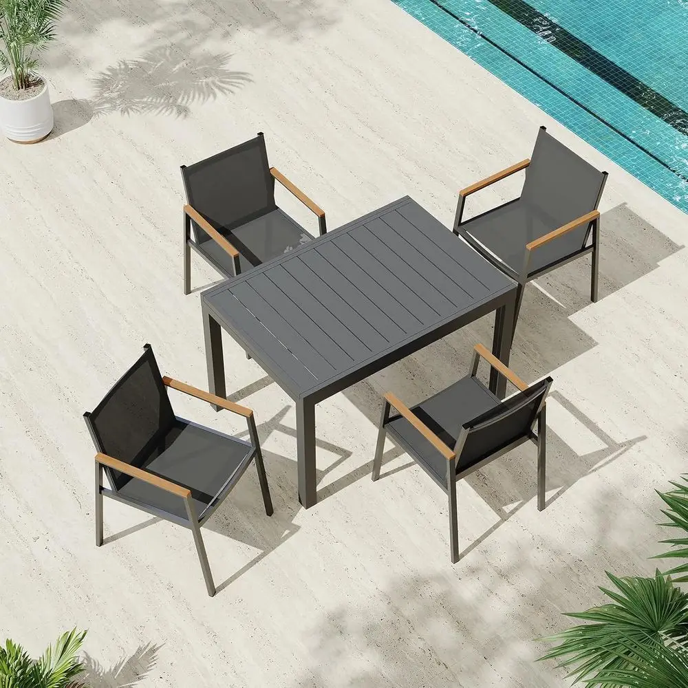 

Серой всепогодный обеденный набор для патио на открытом воздухе для детей 6–8 человек с текстильной тканью и подлокотниками HDPS