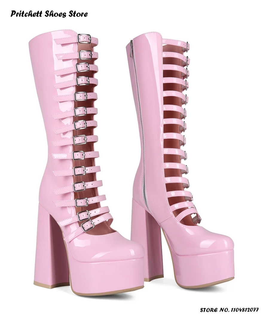 

Women's Python Pattern Platform Boots Spring Summer Hollow Out Trending Shoes Round Toe Chunky Heel Side Zipper Knee-high Boots