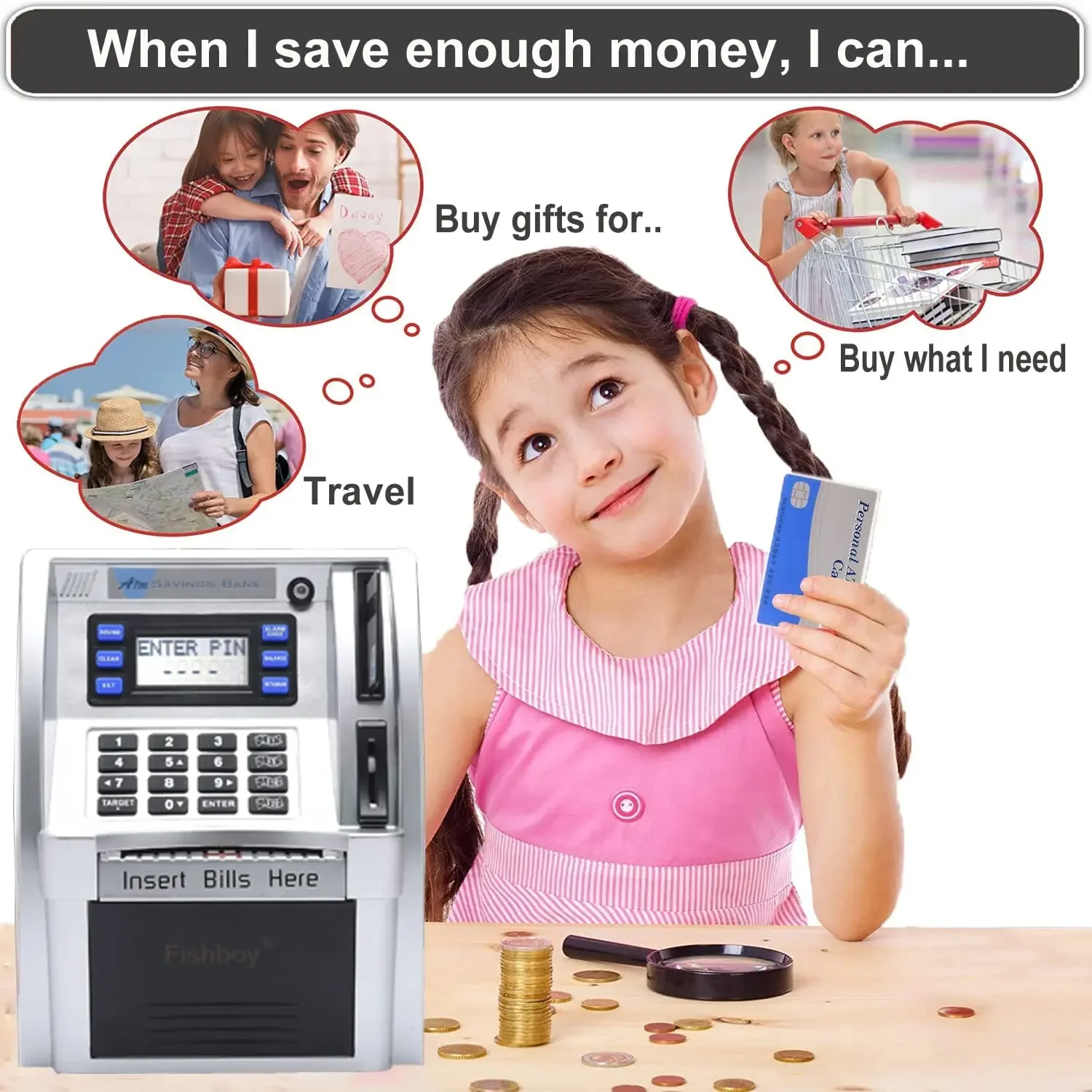 2023 Electronic Piggy Bank ATM Cash Coins Saving Box Password Money Box ATM Bank Safe Box Automatic Deposit Banknote Kids Gift