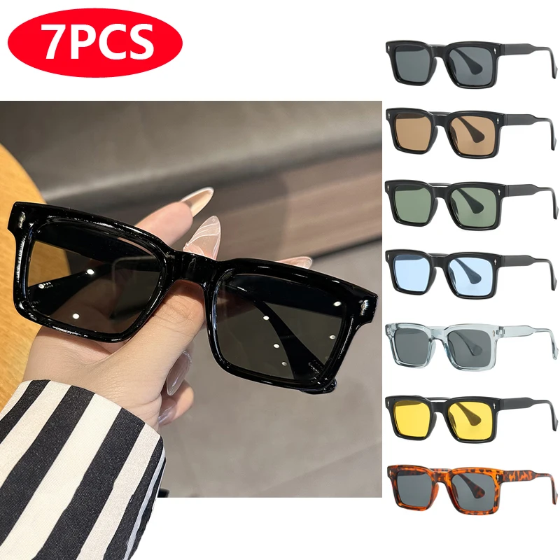 7pcs New Rectangular Frame Sunglasses Women INS Personalized Luxury Square Sunglasses Retro UV Resistant Glasses Unisex