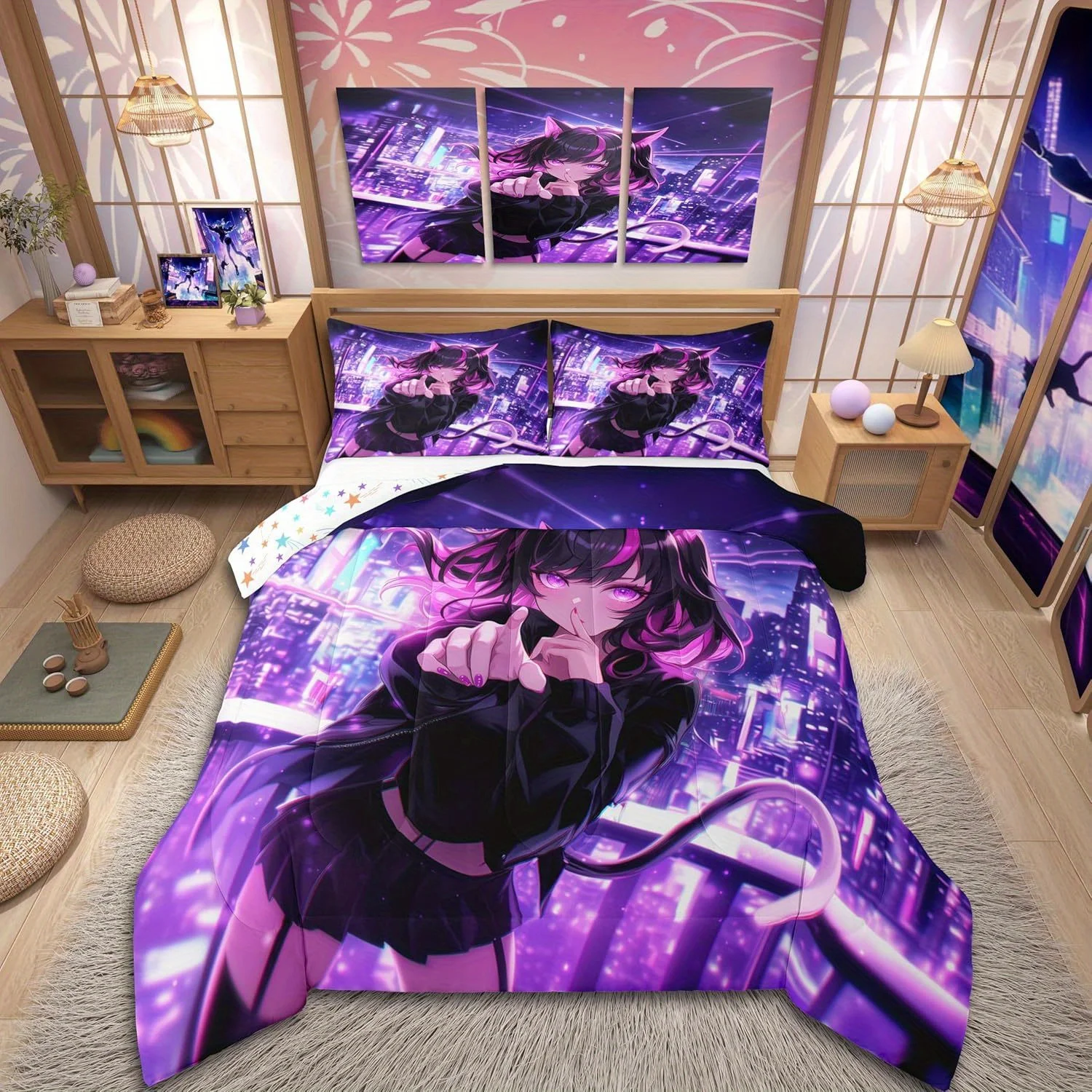 Erosebridal 3/2pcs Anime Bedding Set, Japanese Anime Comforter Set, Cartoon Duvet Insert for Teens Bedroom Decor, Kawaii Japanes