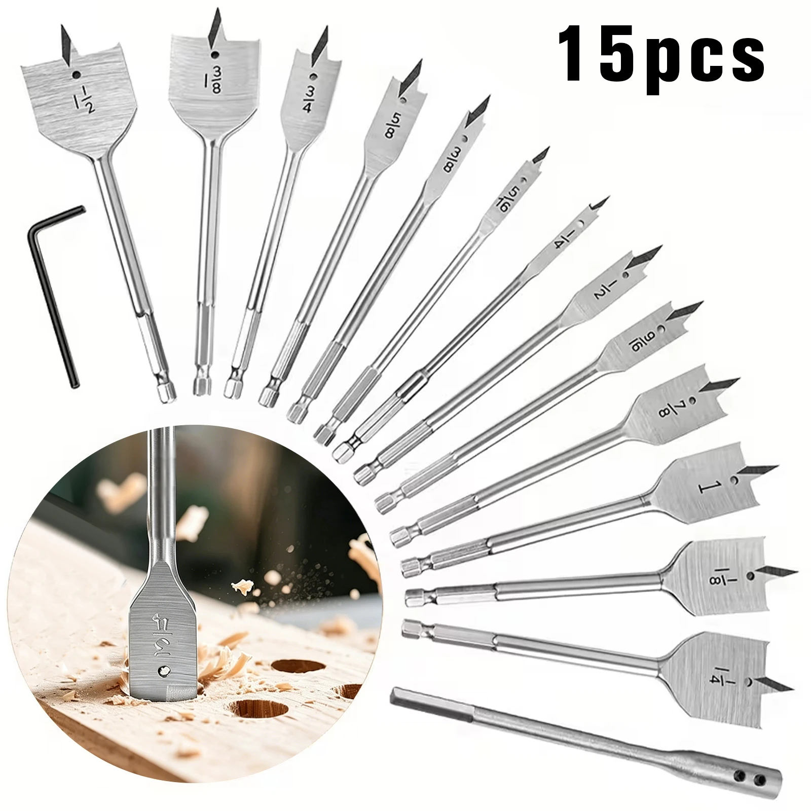 

15-Piece Carbon Steel Spade Drill Bit Set for Wood | Hex Shank, Extension Rod, Anti-Clog | DIY & Professional Use
