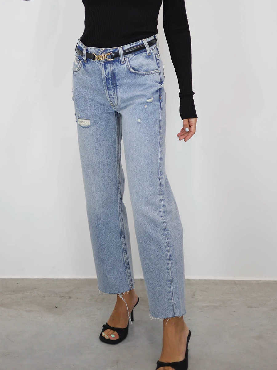 

Ripped High Waist Jeans Women Vintage Casual Washed Distressed Ankle-length Pants Fashion Simple Straight Denim Trouser 2024 New