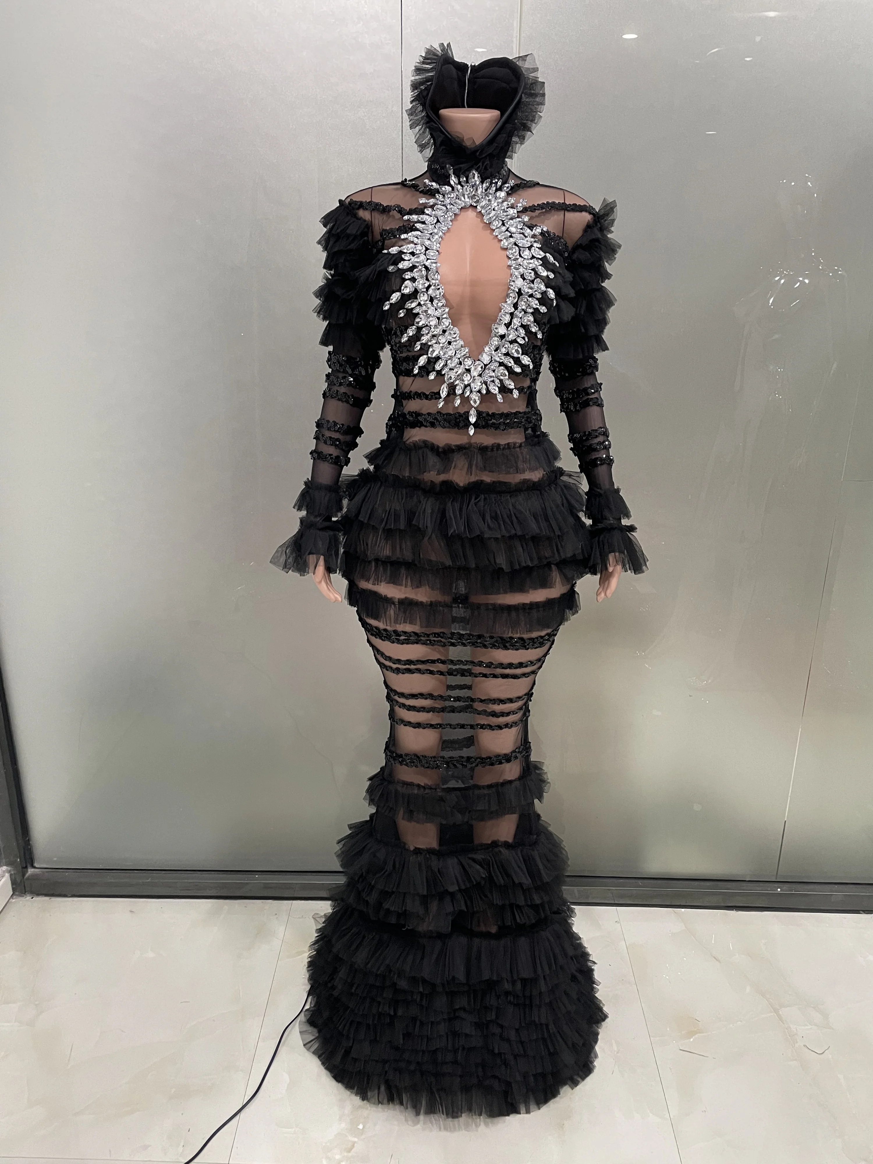 Sexy Sparkly Rhinestones Black Mesh Hollow Transparent Long Dress Women Evening Prom Birthday Festival Performance Stage Wear