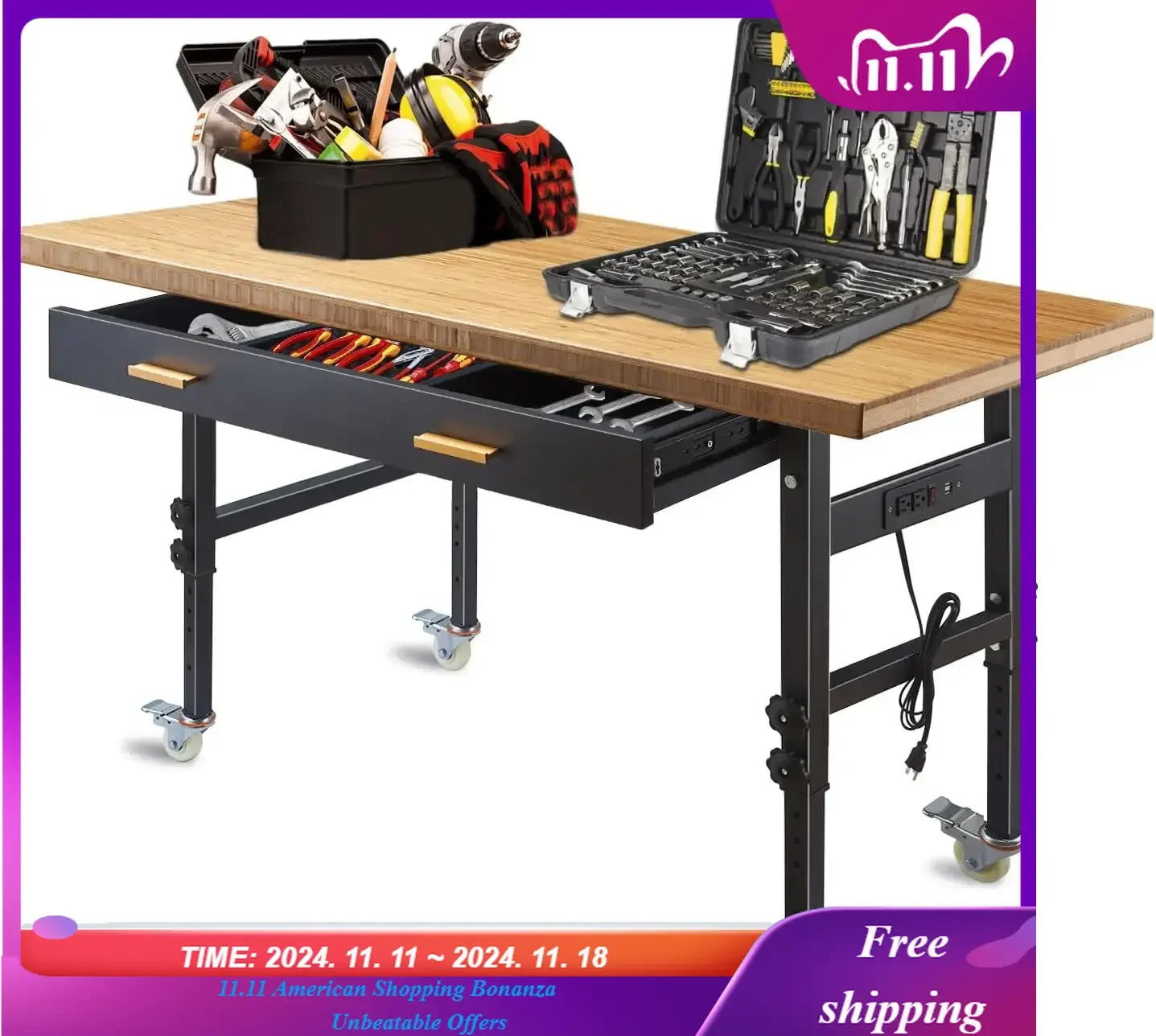 

Adjustable Work Bench with Drawer Storage, Power Outlet, and Wheels - Heavy Duty Work Table