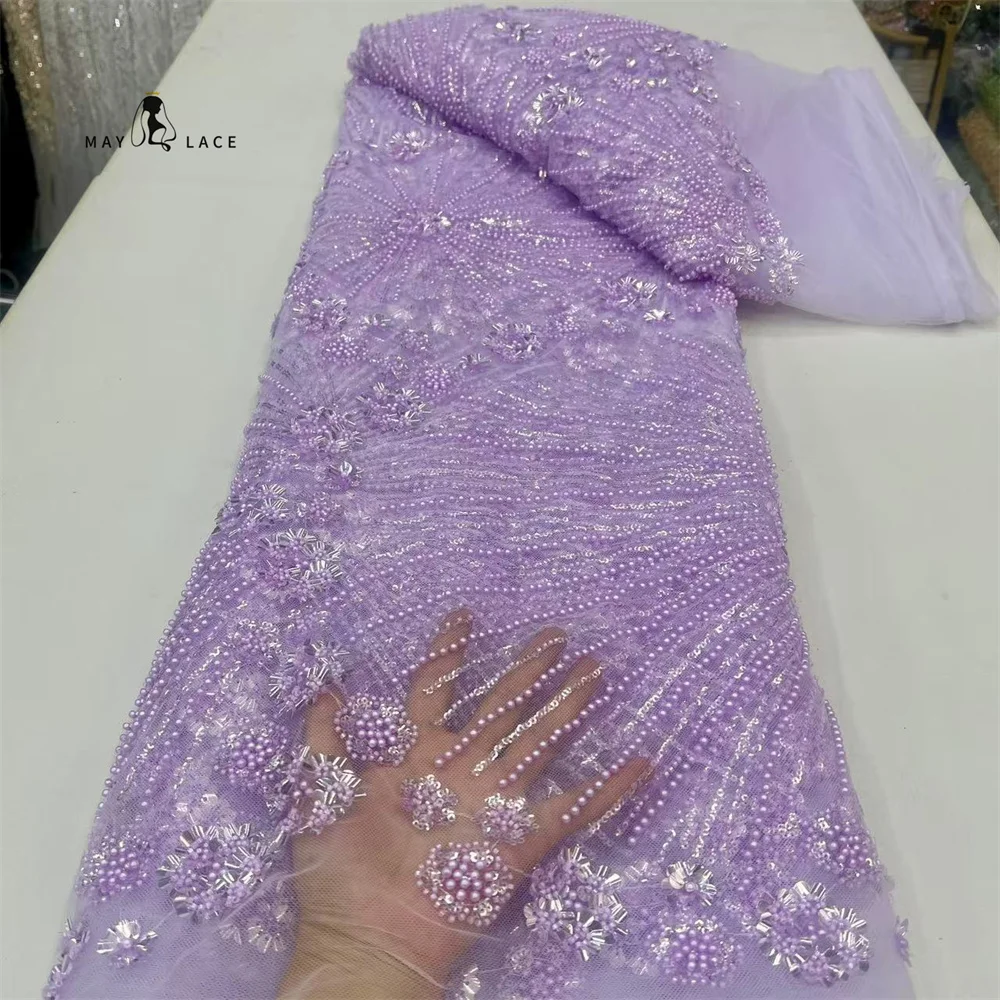 

French Tulle Beads Lace Fabric African Lace Fabric 2025 High Quality Nigerian Embroidery Lace Fabric For Wedding Party Sewing