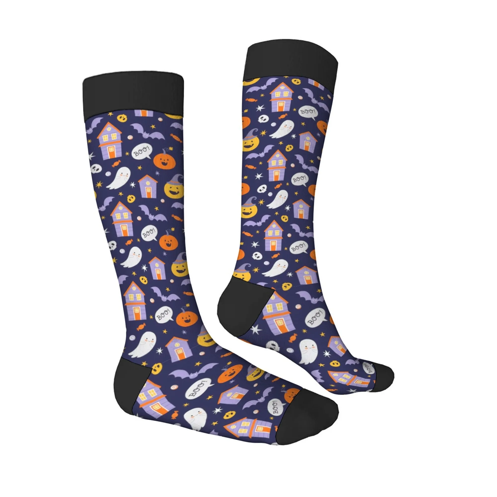 Halloween Fun Cute Cartoon Knee-High Socks Pumpkin Ghost Bat & Haunted House Patterns Dark Blue Palette Spooky Cute Vibe