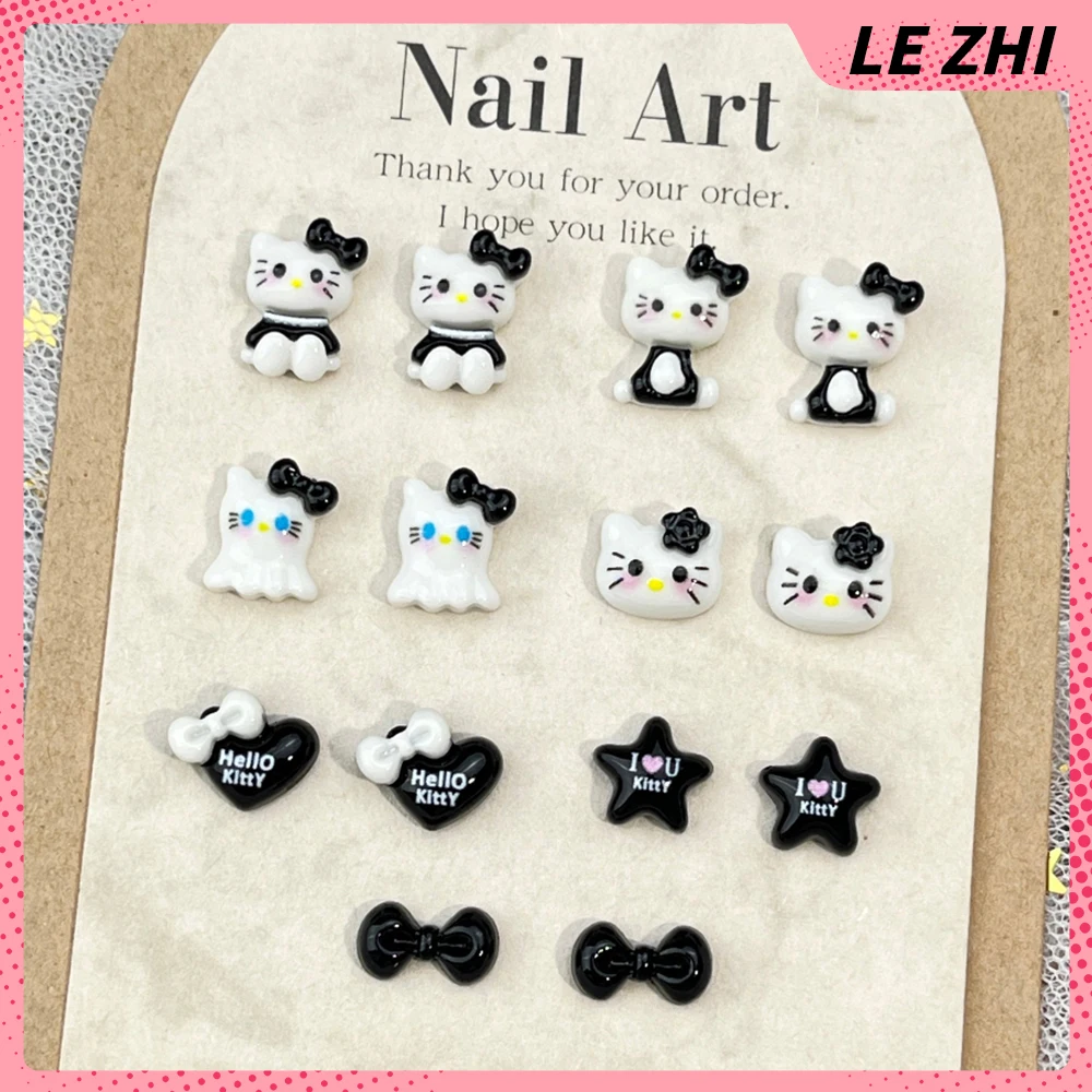 Kawaii Cartoon Black White 20Pcs Hello Kitty Nail Art Charm Love Bow Star Ghost Full-Body Cat Diy Accessories Party Sticker