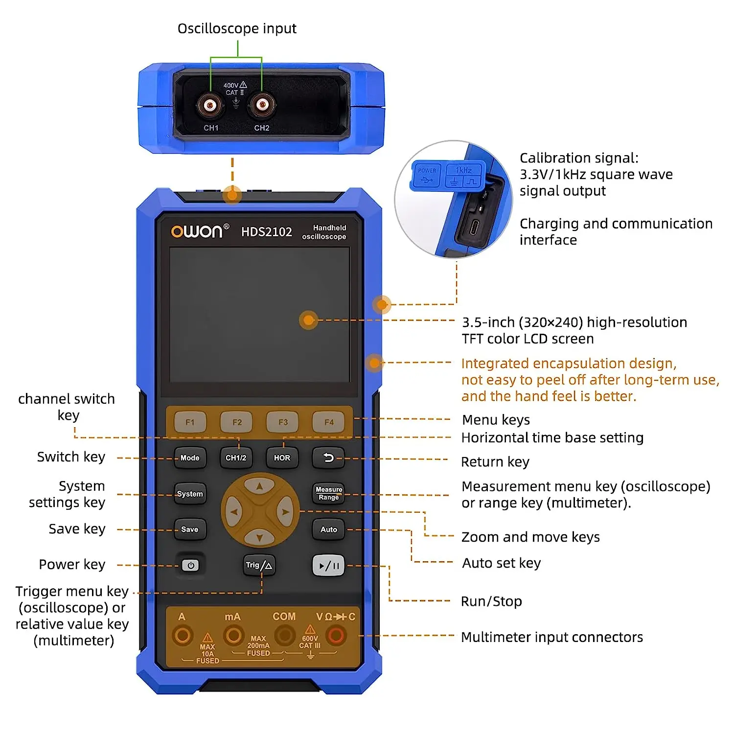 OWON HDS2102S HDS2202S Handheld Digital Oscilloscope 100MHz Bandwidth 500MS/s 2CH + 1CH Generator Multimeter osciloscopio