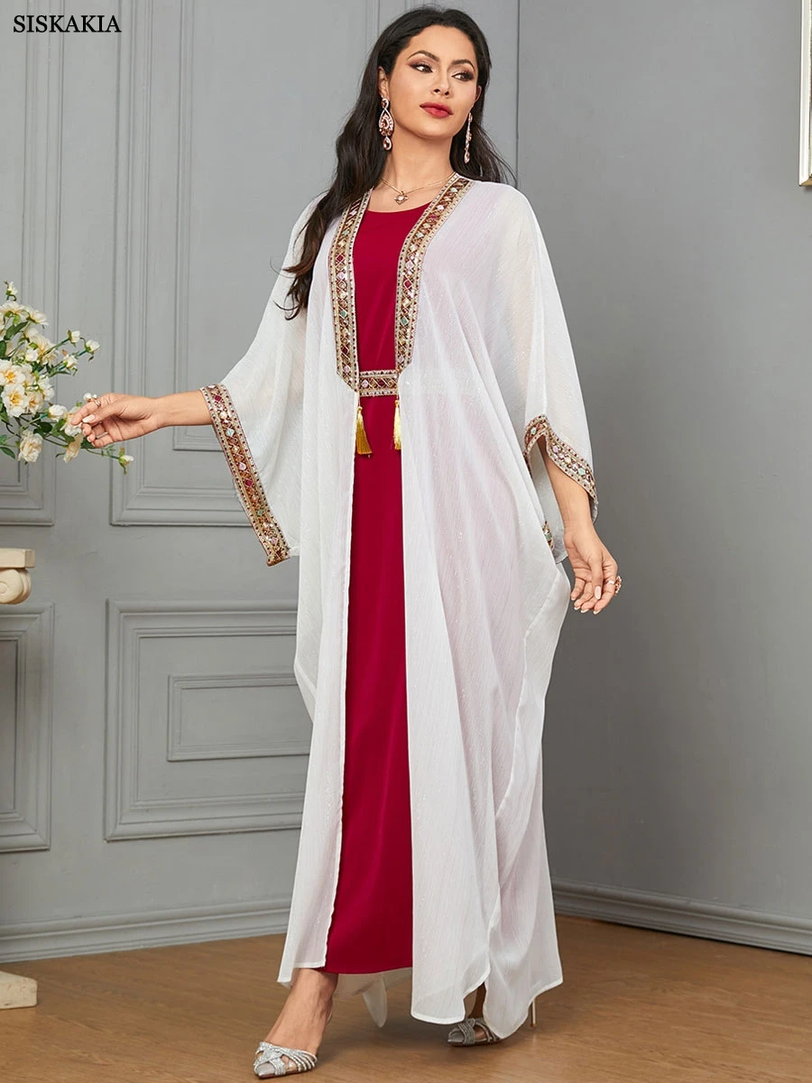 Siskakia Fashion Moroccan Arab Abaya Embroidered O-Neck Batwing Sleeve Casual Loose Muslim Women Elegant Cardigan Dresses 2024