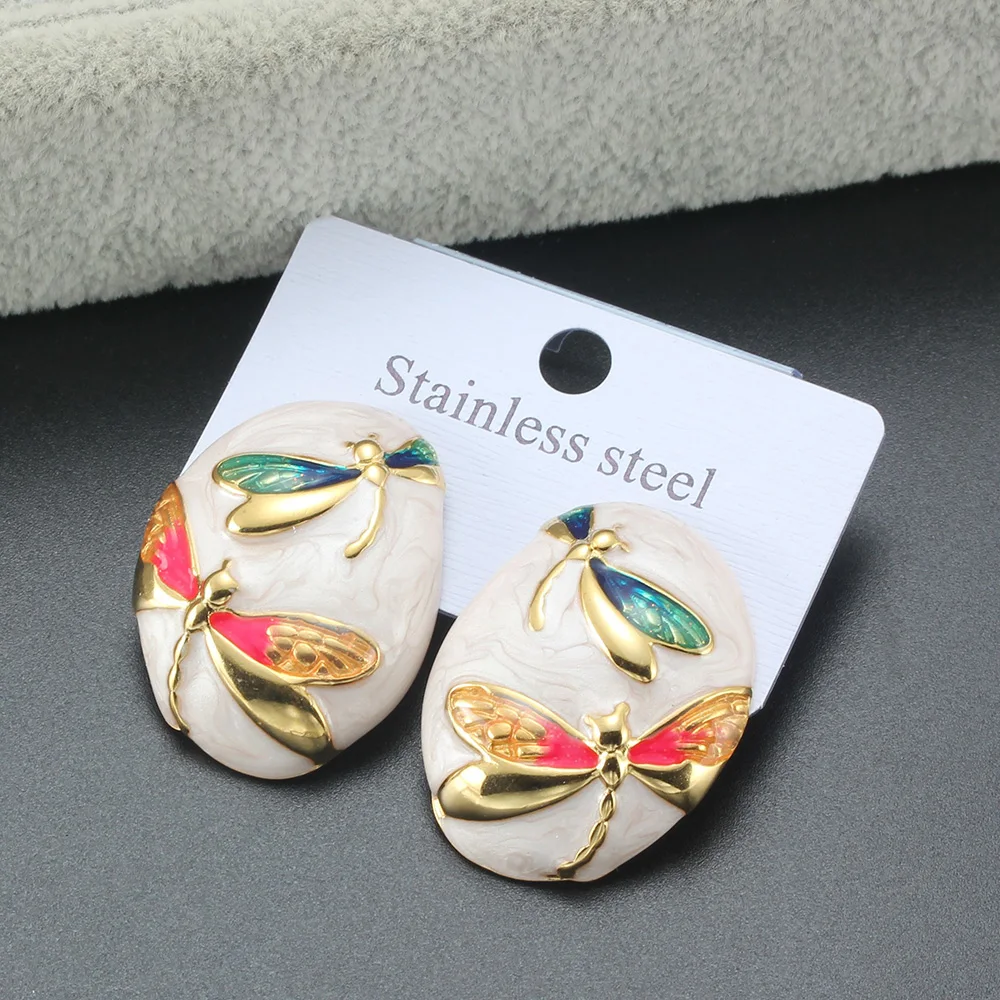 

Stainless Steel Dragonfly Pattern Enamel Stud Earrings For Women 2025 Trendy Luxury Brincos Ear Ladies Charm Wedding Jewelry