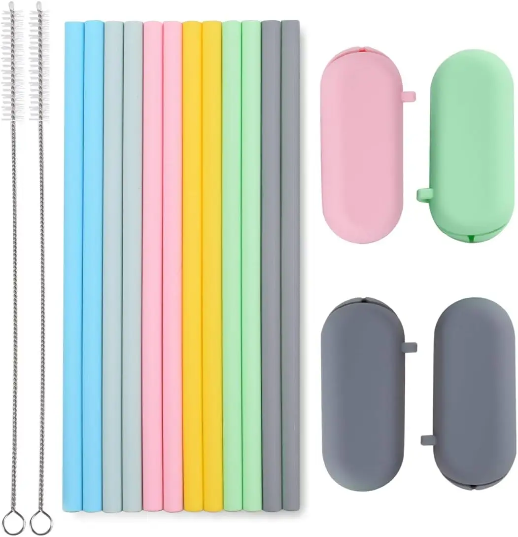 

Reusable Silicone Straws Set: 12 Straws, 4 Cases, 2 Brushes - Odorless Food Grade, Safe for Kids