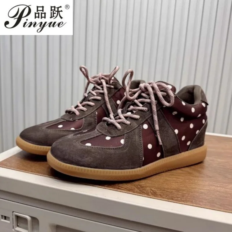 Women Spring Real Leather Flat Thick Bottom Spray Painting Casual Shoes Lace Up Breathble Sneakers Patchwork Walking Shoes 35-39