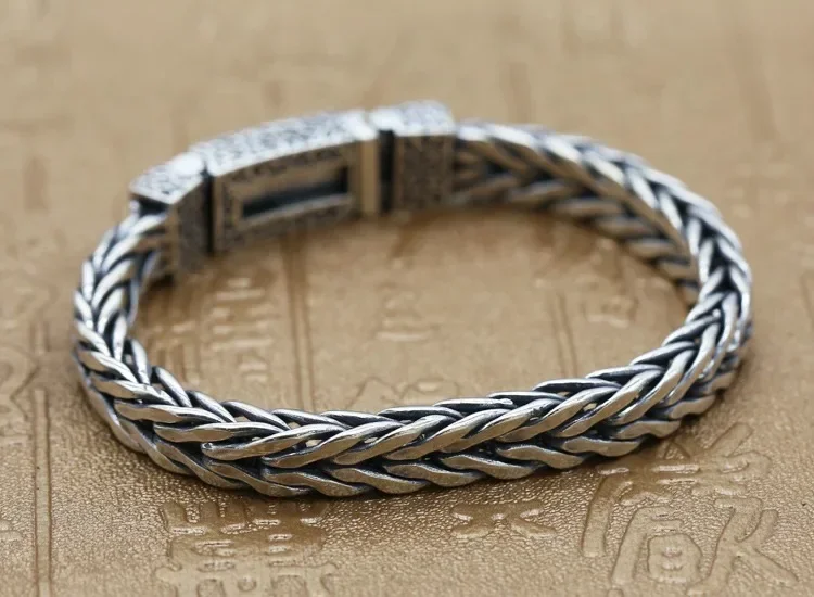 New Silver Color Chinese Trendy Men\'s Personalized Hand-woven Twist Buckle Bracelet Retro Ethnic Style Chain Jewelry Accessories