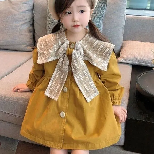 Baby Girl Doll Collar Loose Trench Coat 2023 Spring Fall New Korean Children\'s Bow Princess Dress Girls Kids Dresses for Girls